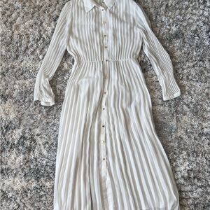 Zara White Tan Buttoned Long Sleeve Dress